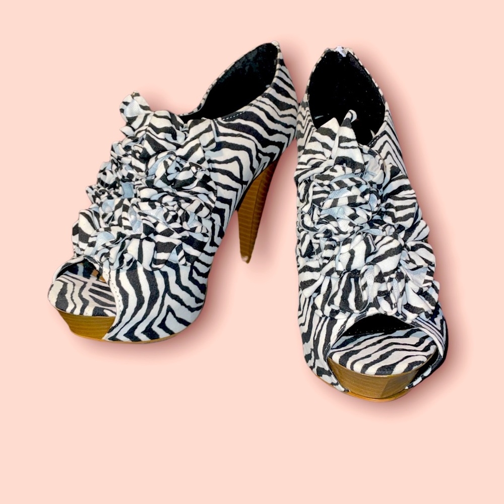 Zebra Print Faux Suede Ruffle Front Peep toe Back Zipper Heels